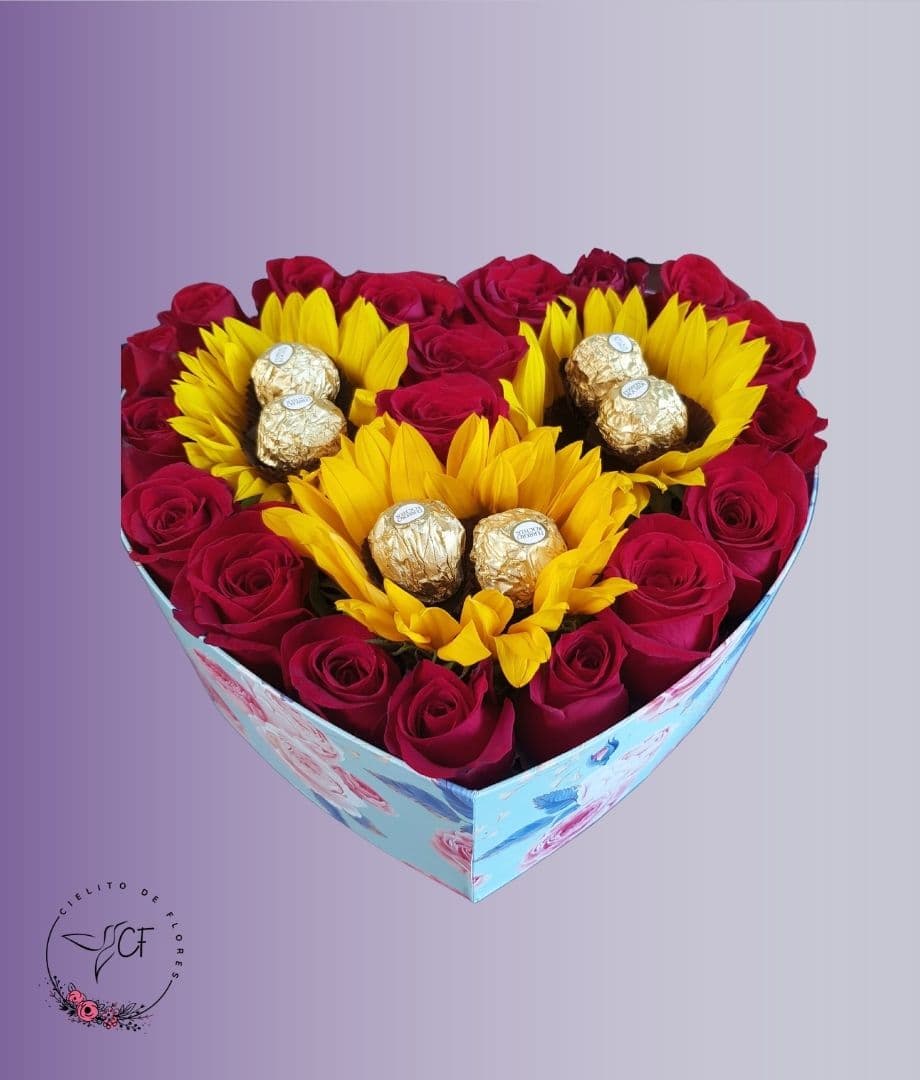 Corazón Rosas Girasol y Chocolates Ferrero