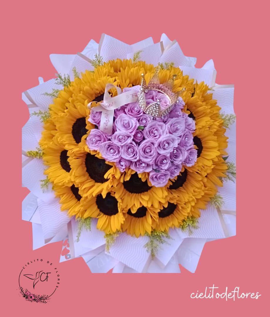 Bouquet Girasoles Rosas Moradas Reina
