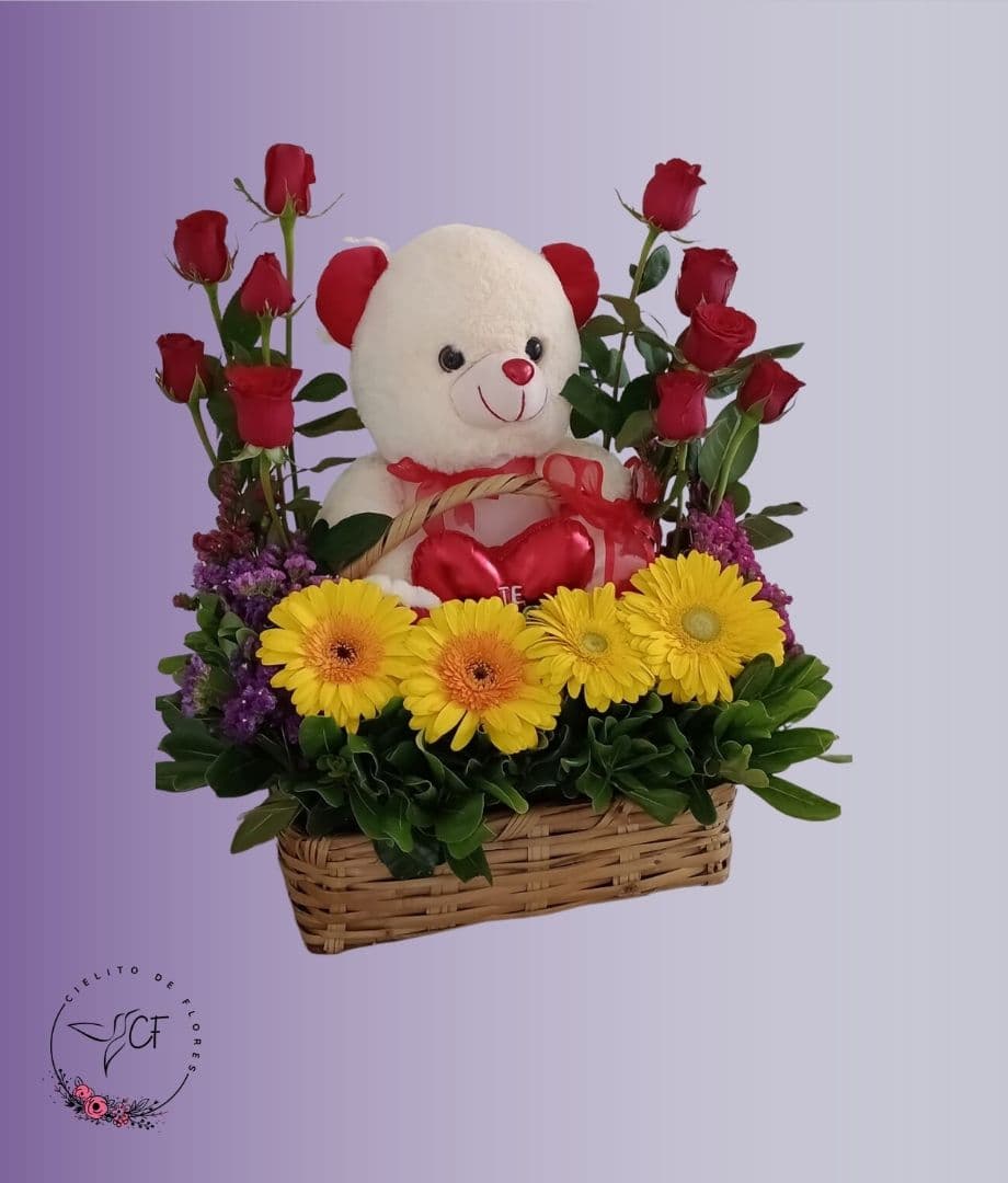 Canasta de Rosas, Gerbera y Peluche