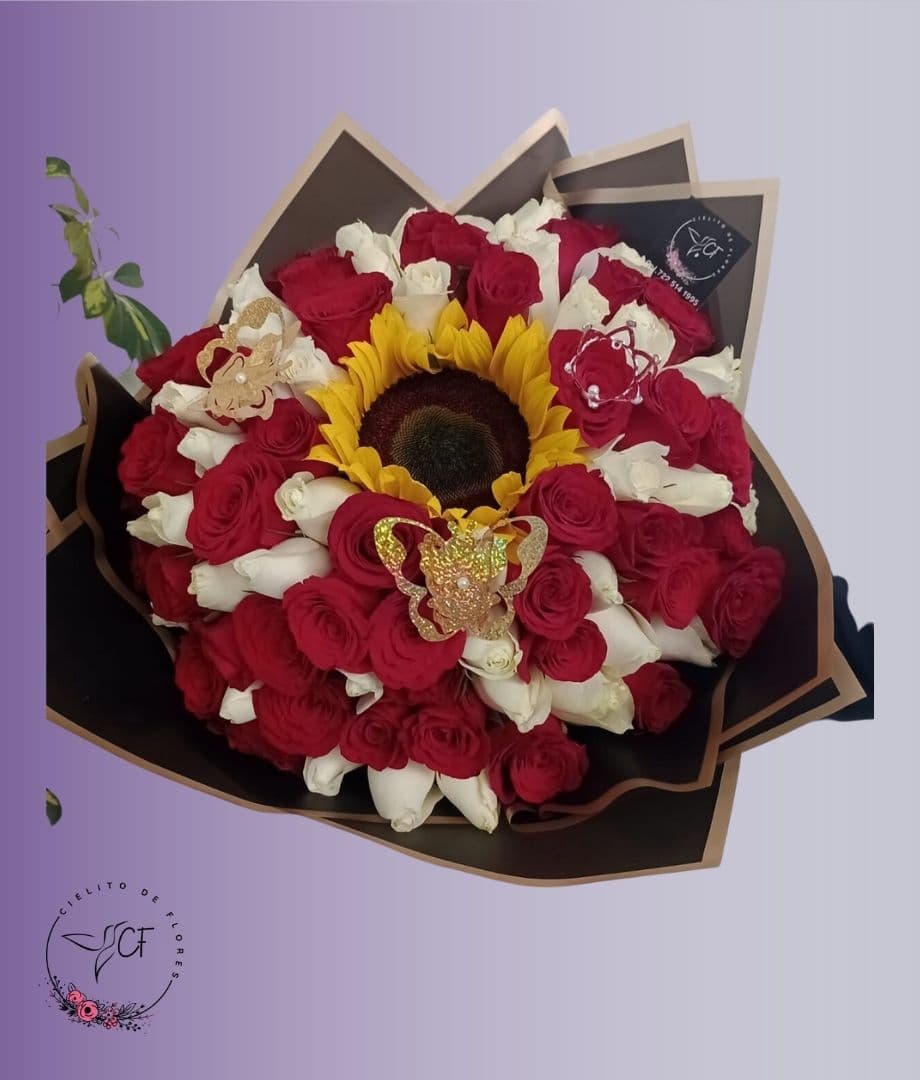 Bouquet de Rosas y 1 Girasol